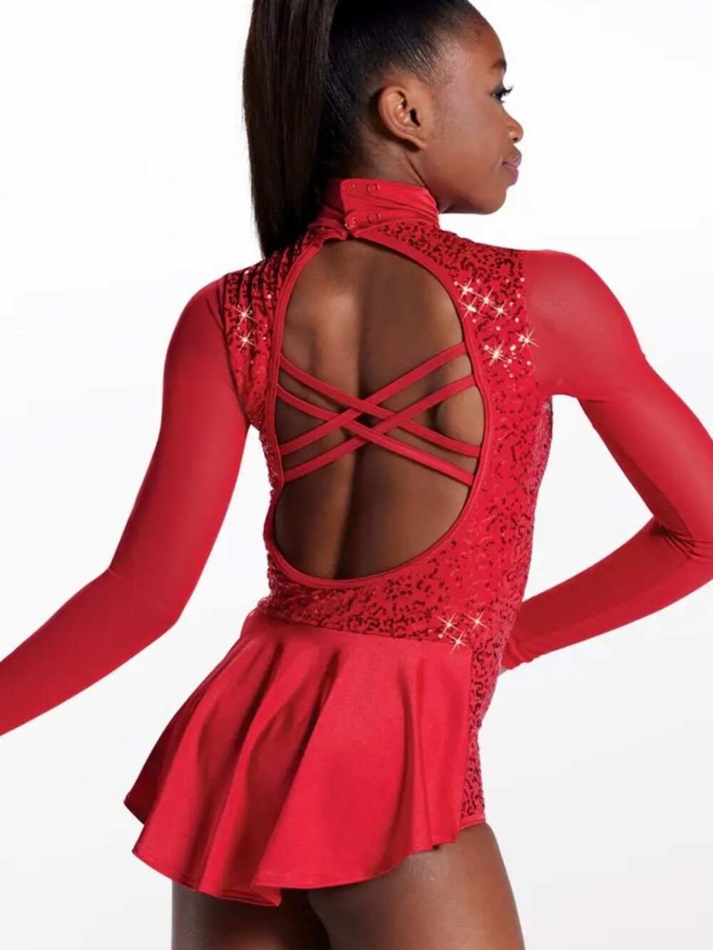 Balera By Weissman Girls Red Sequin Mesh Long Sleeve Leotard Dance Costume